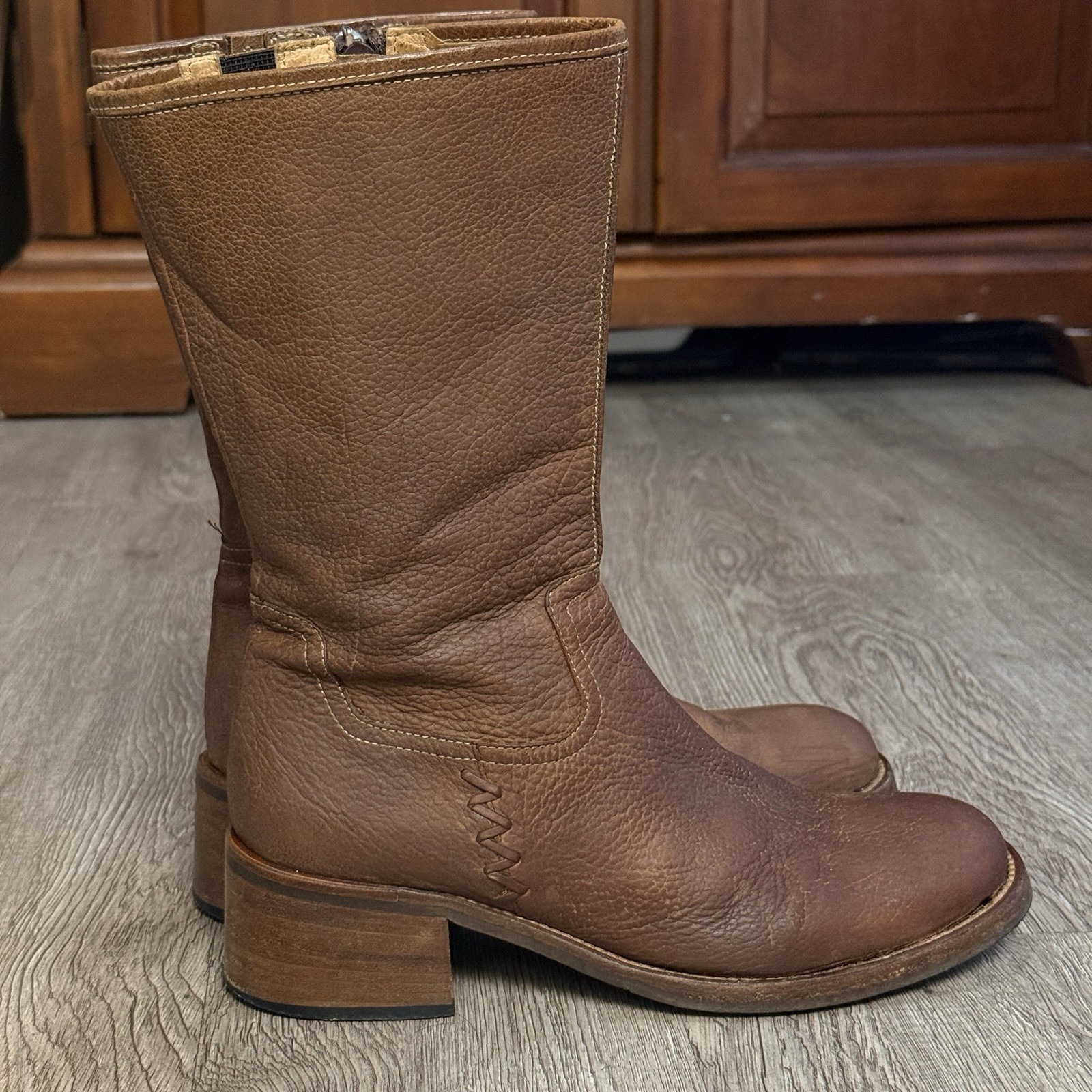 Vtg 70s Chelsea Cobbler Pebbled Brown Leather Boots Stacked Heel Zip Rustic Boho